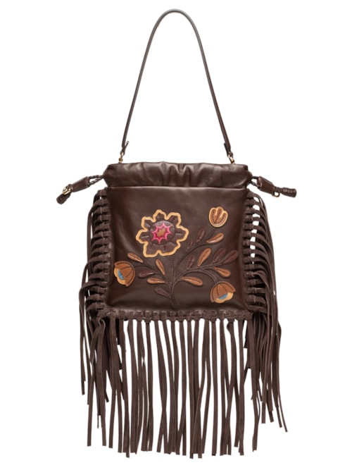 Bolsa Feminina De Ombro Kalispera Bordada E Franjas - Marrom