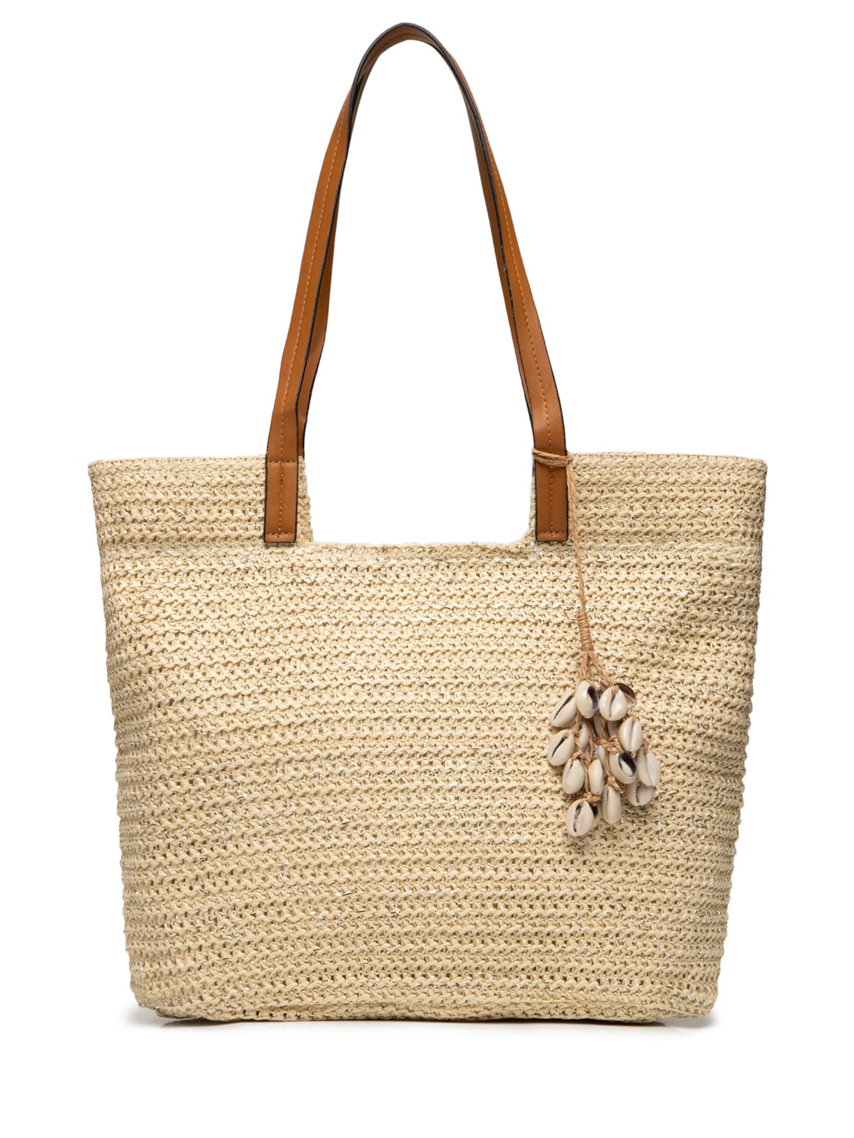 Bolsa Feminina De Palha Com Enfeite De Conchas - Bege