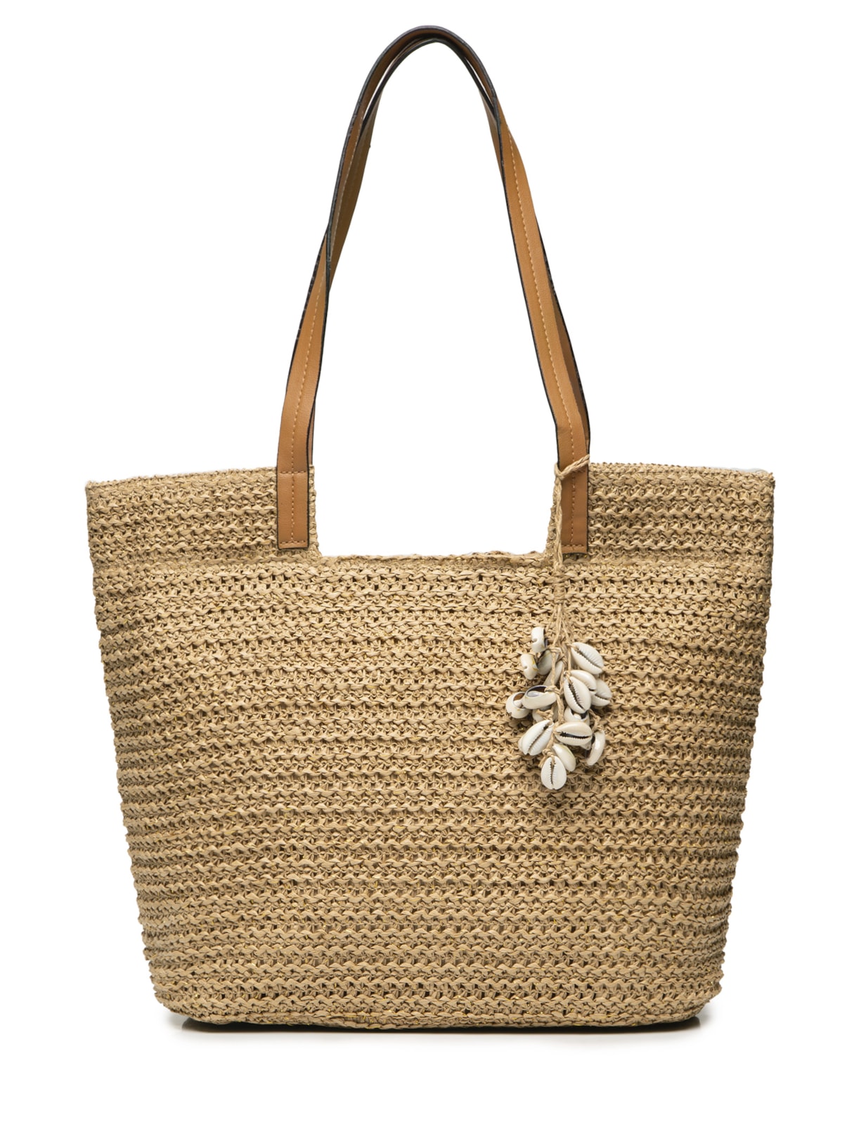 Bolsa Feminina De Palha Com Enfeite De Conchas - Bege