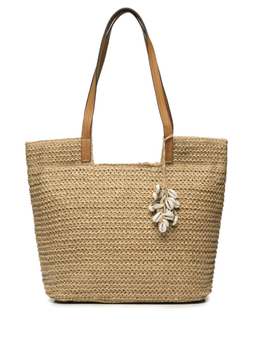 Bolsa Feminina De Palha Com Enfeite De Conchas - Bege