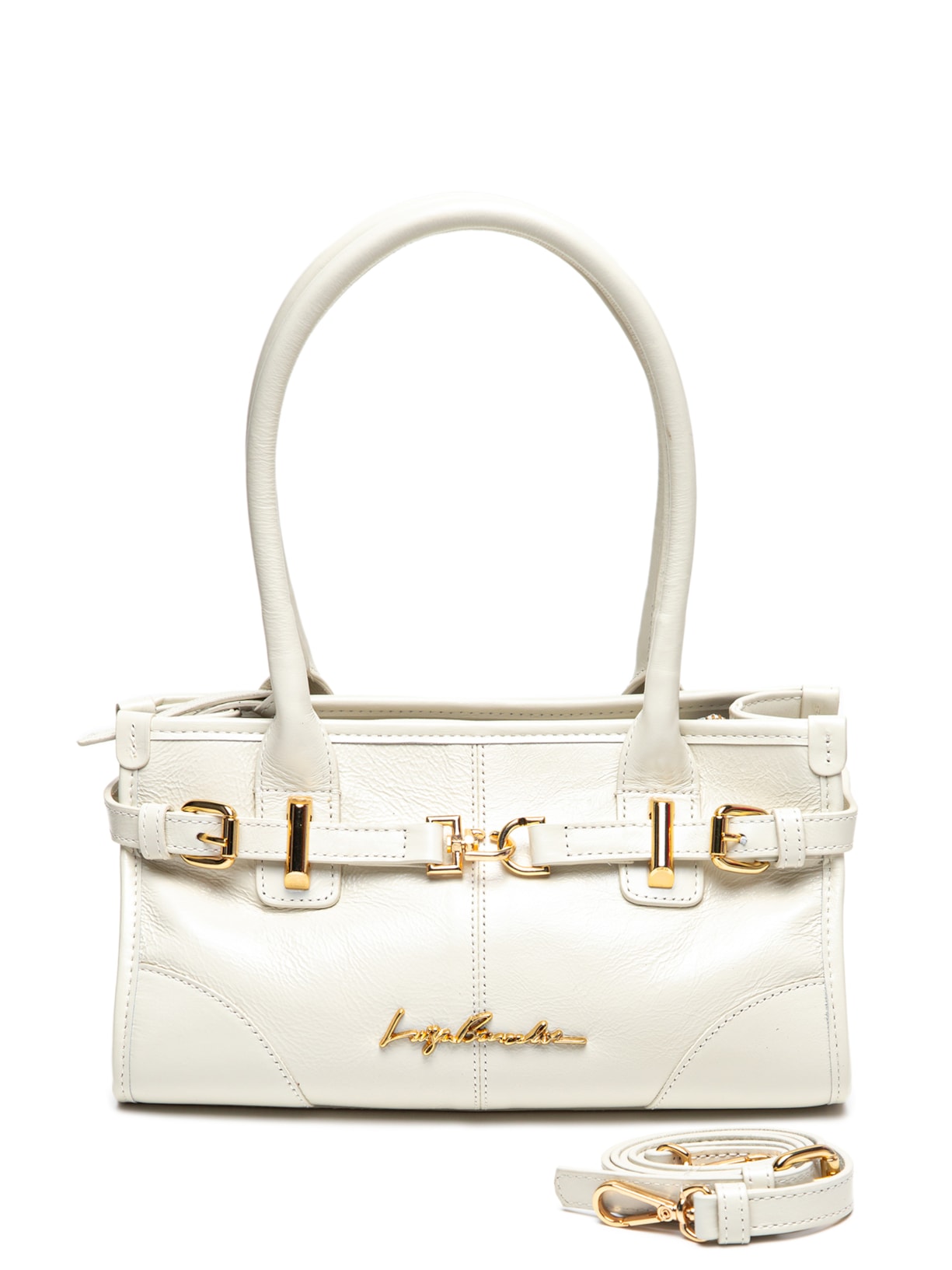 Bolsa Feminina Em Couro Com Alças Alongadas e Fivela Dourada - Off White