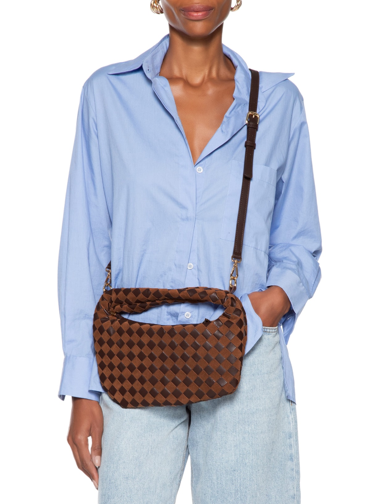 Bolsa Feminina Em Tressê De Camurça Média Marrom Luiza Barcelos