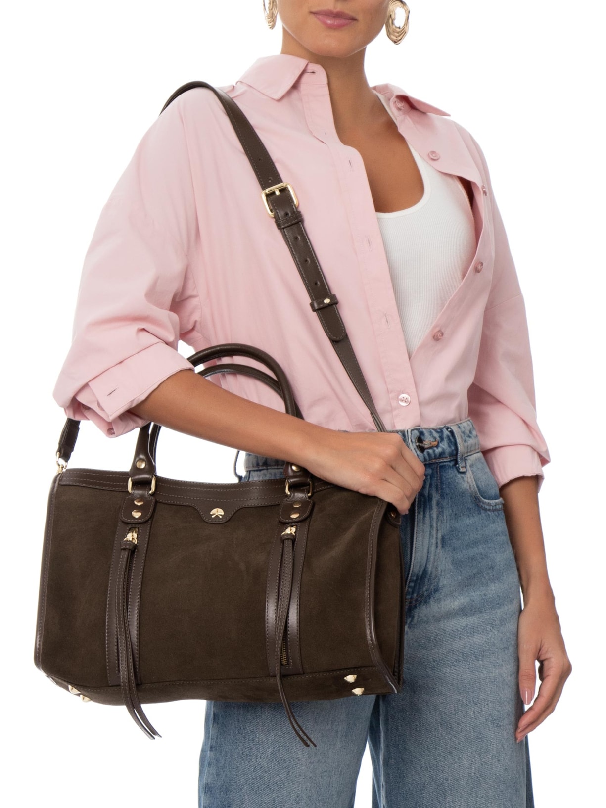 Bolsa Feminina Grande Em Couro Com Zíperes – Marrom Luiza Barcelos