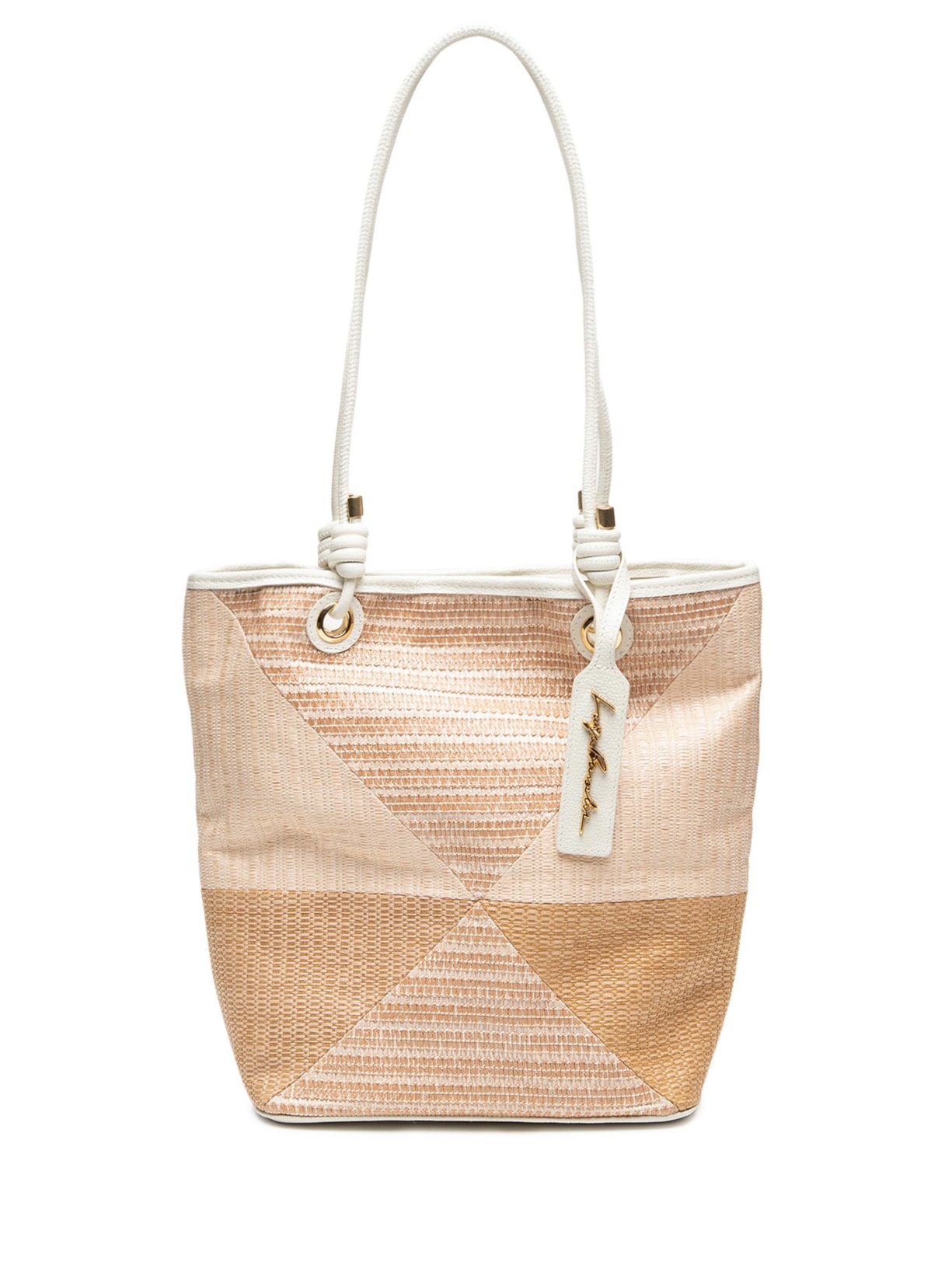 Bolsa Feminina Grande Em Couro E Ráfia Com Recortes Geométricos - Bege