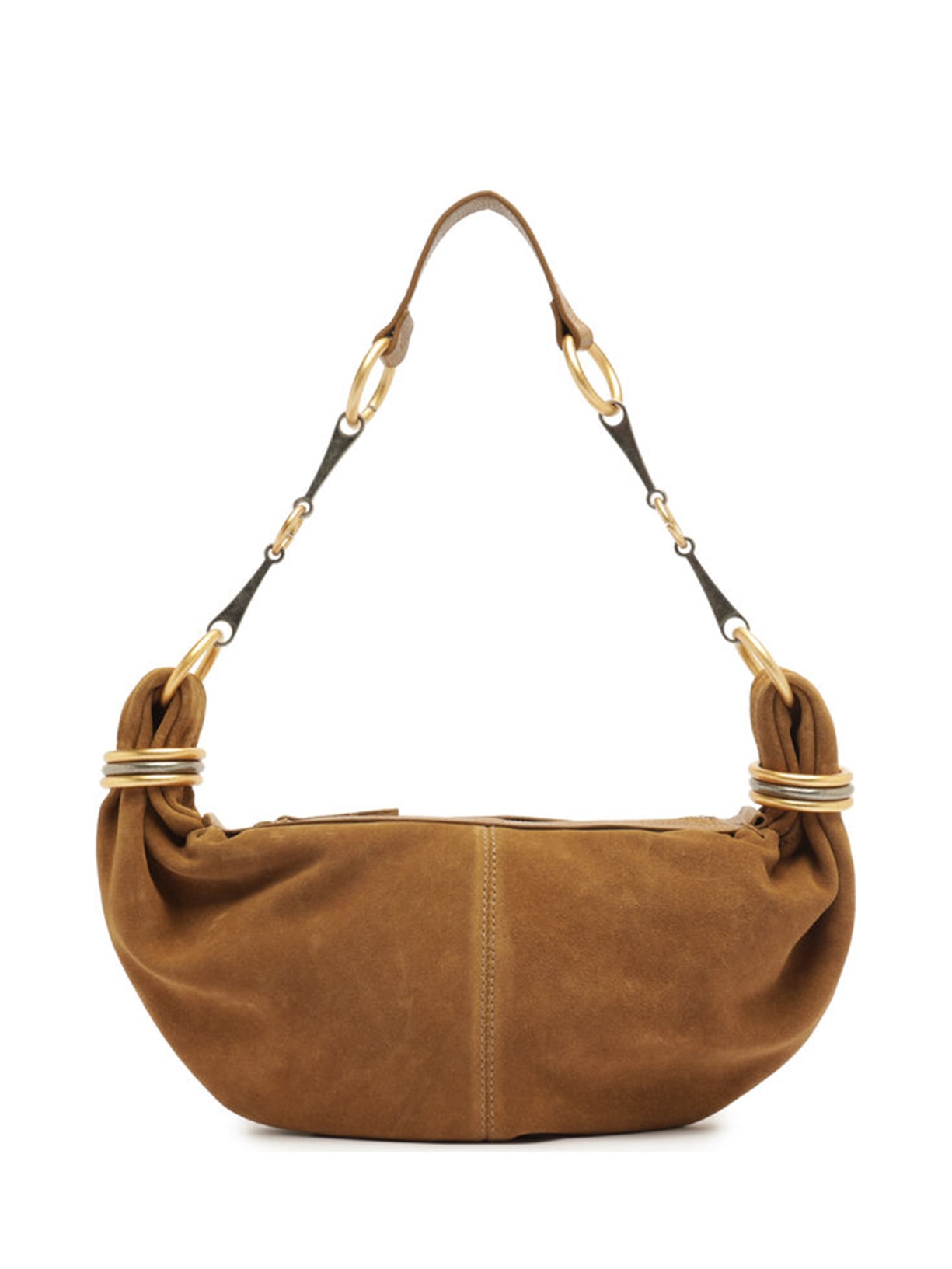 Bolsa Feminina Hobo Couro Acamurçado Pequena Metais - Marrom