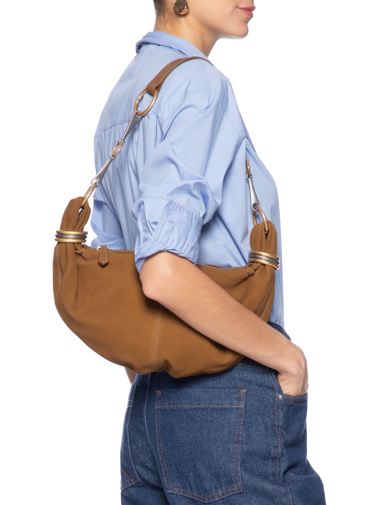 Bolsa Feminina Hobo Couro Acamurçado Pequena Metais Marrom Arezzo
