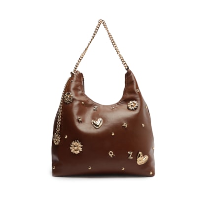 Bolsa Feminina Hobo Couro Grande Enfeites - Marrom