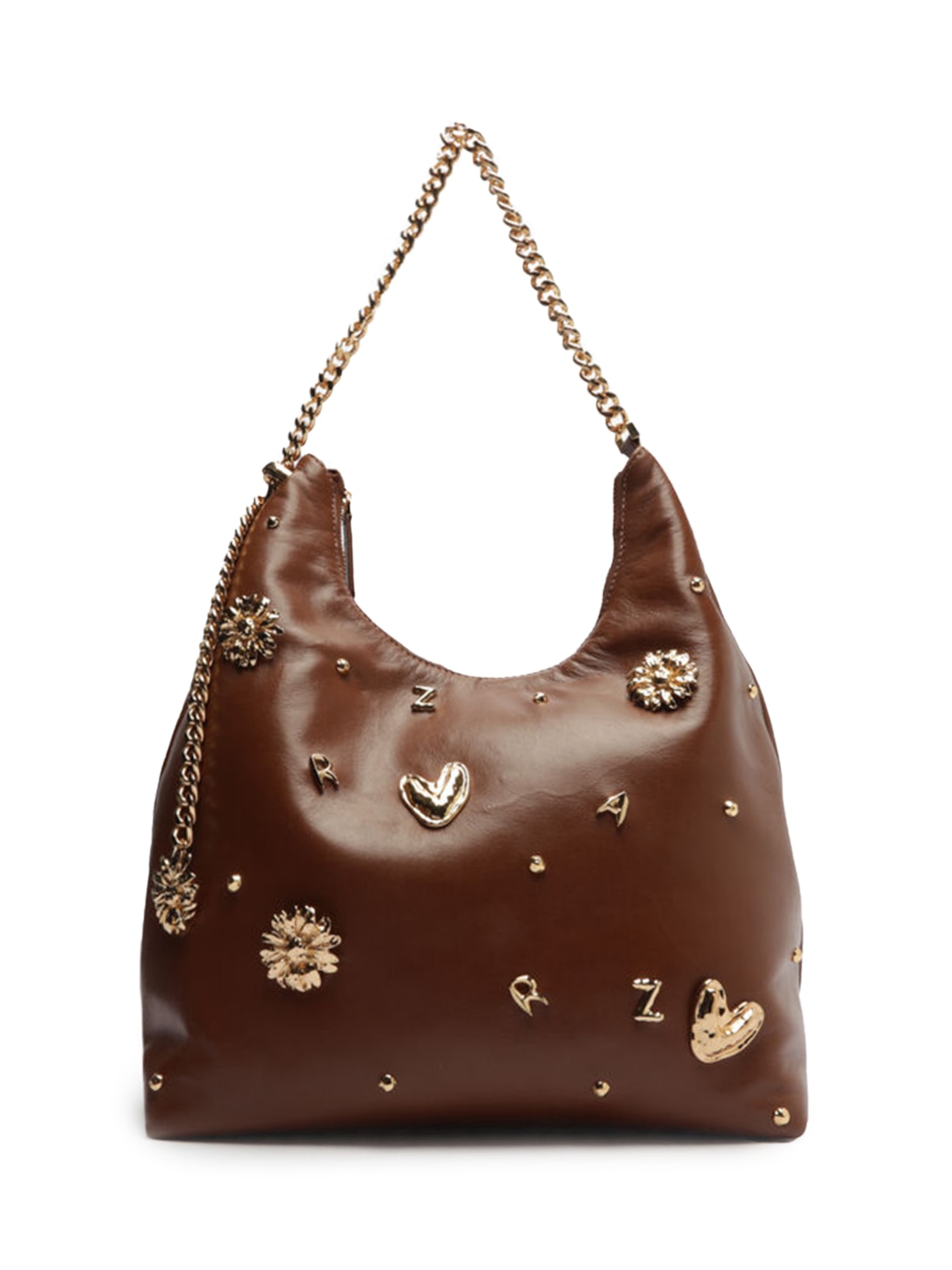 Bolsa Feminina Hobo Couro Grande Enfeites - Marrom