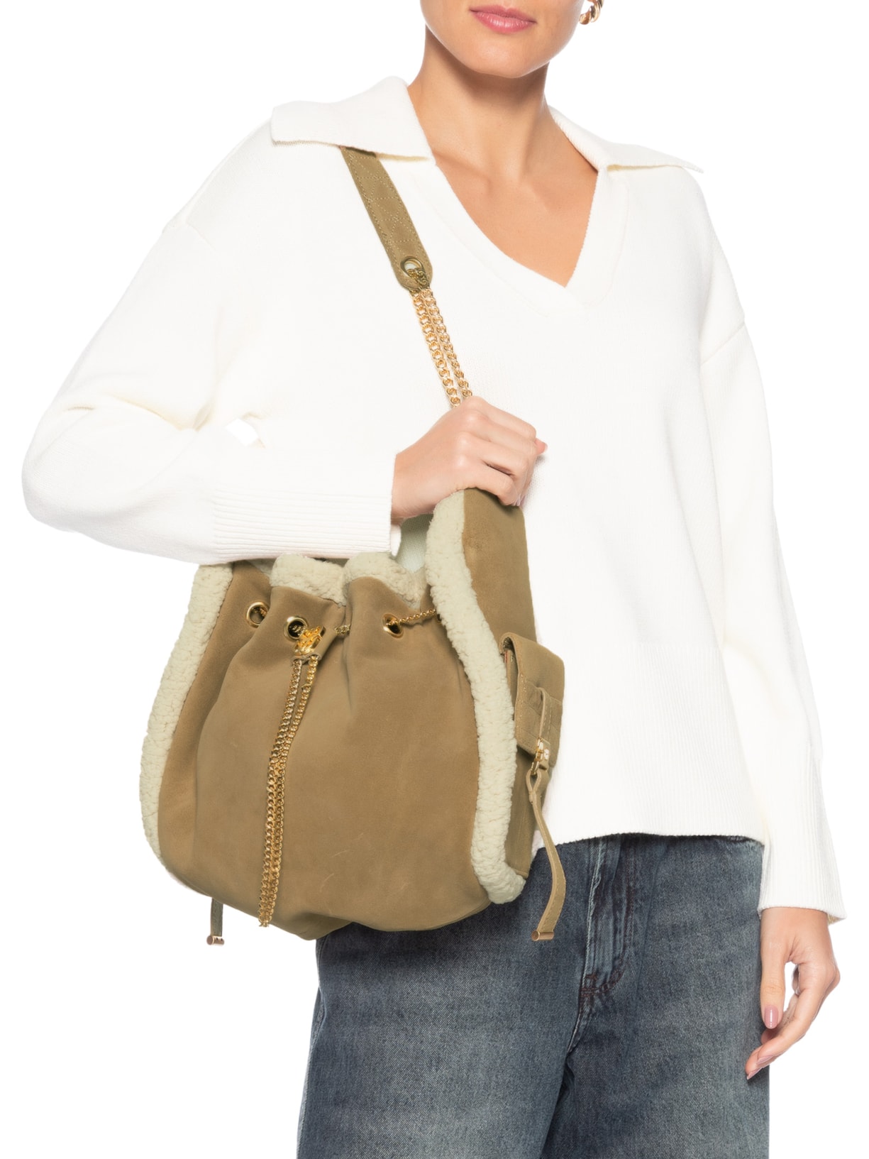 Bolsa Feminina Hobo Shoulder Lilibet Fur Média Couro Bege Schutz