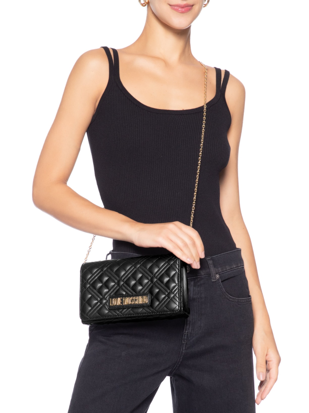 Bolsa Feminina Matelassê Em PU Preto Love Moschino