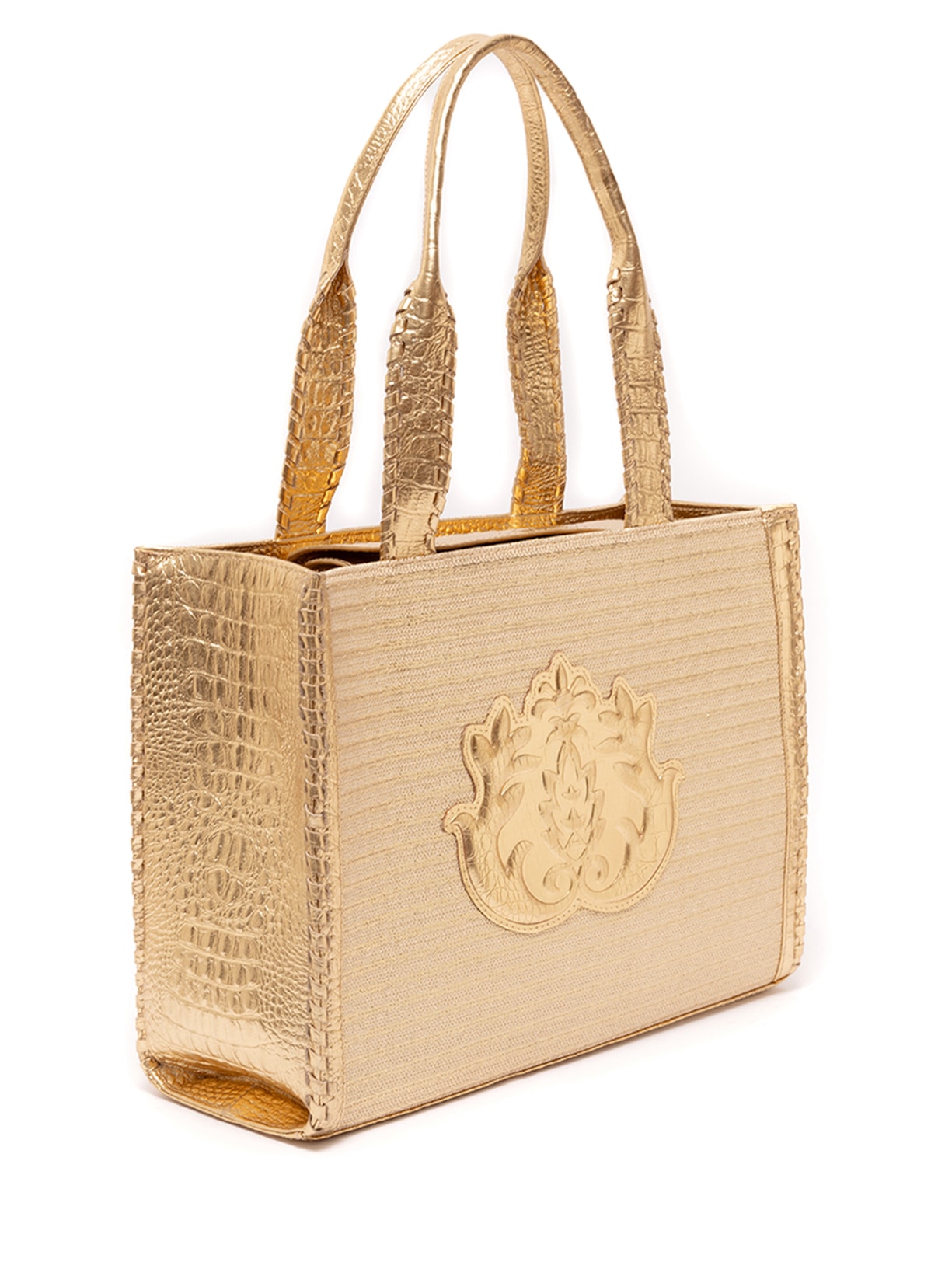 Bolsa Feminina Maxi Tote Ravena Em Palha E Couro Dourado Isla