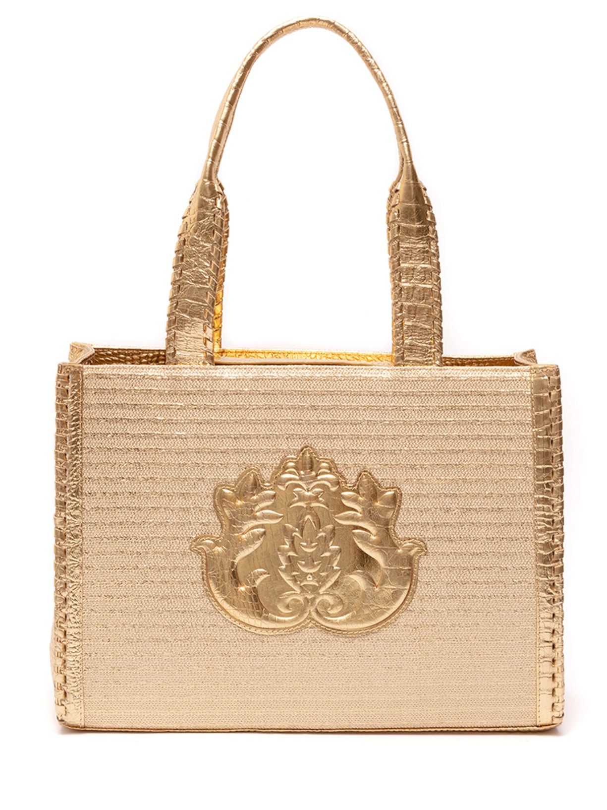 Bolsa Feminina Maxi Tote Ravena Em Palha E Couro Dourado Isla