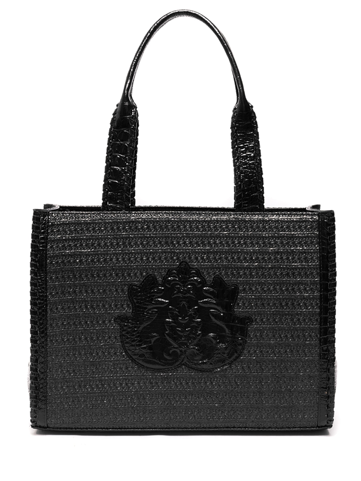 Bolsa Feminina Maxi Tote Ravena Em Palha E Couro - Preto