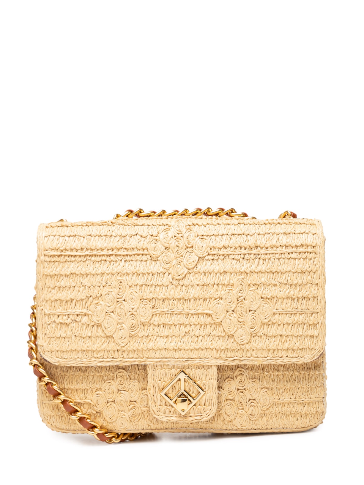 Bolsa Feminina Média De Palha Com Bordado Floral E Alça De Correntes - Bege