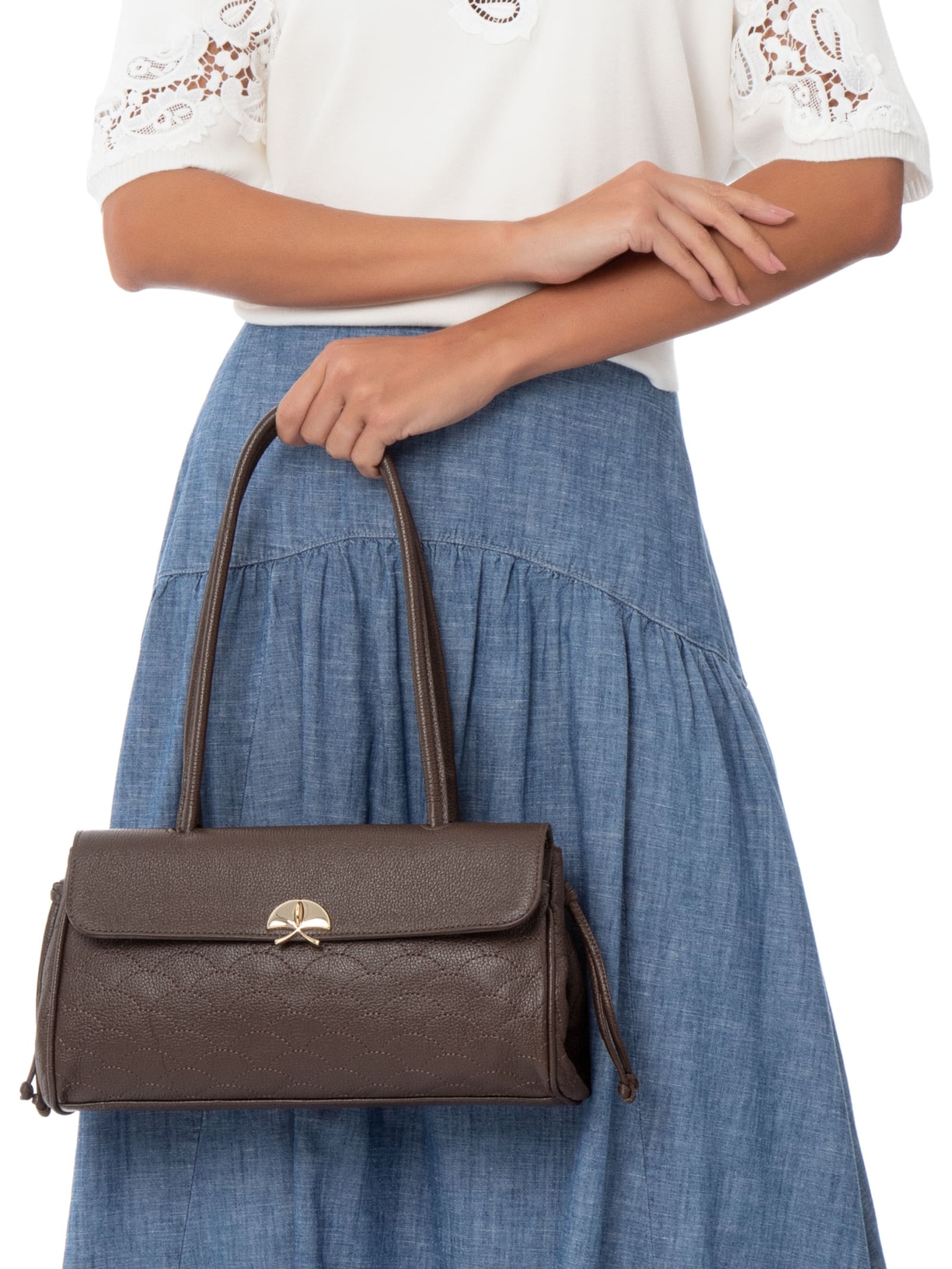 Bolsa Feminina Média Em Couro Com Bordado – Marrom Luiza Barcelos