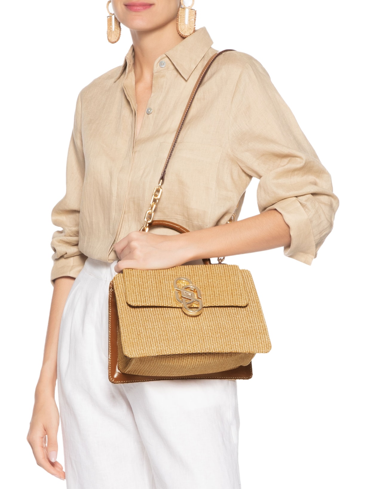 Bolsa Feminina Média Tiracolo Ráfia Bege Schutz