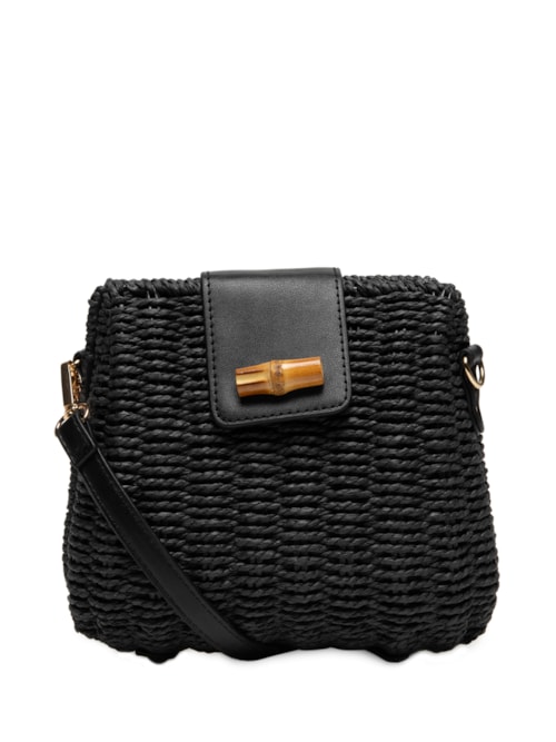 Bolsa Feminina Palha com Detalhes em Couro - Preto