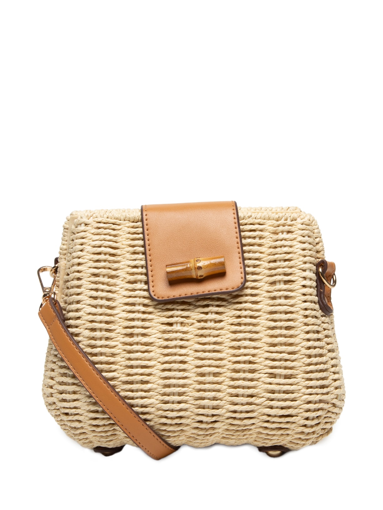 Bolsa Feminina Palha Com Detalhes Em Couro Sintético - Bege