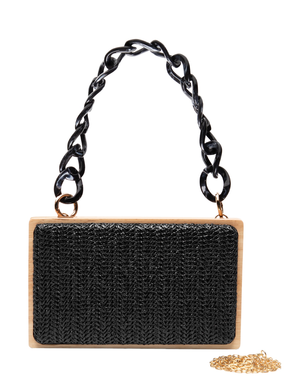 Bolsa Feminina Palha Com Detalhes Em Madeira - Preto