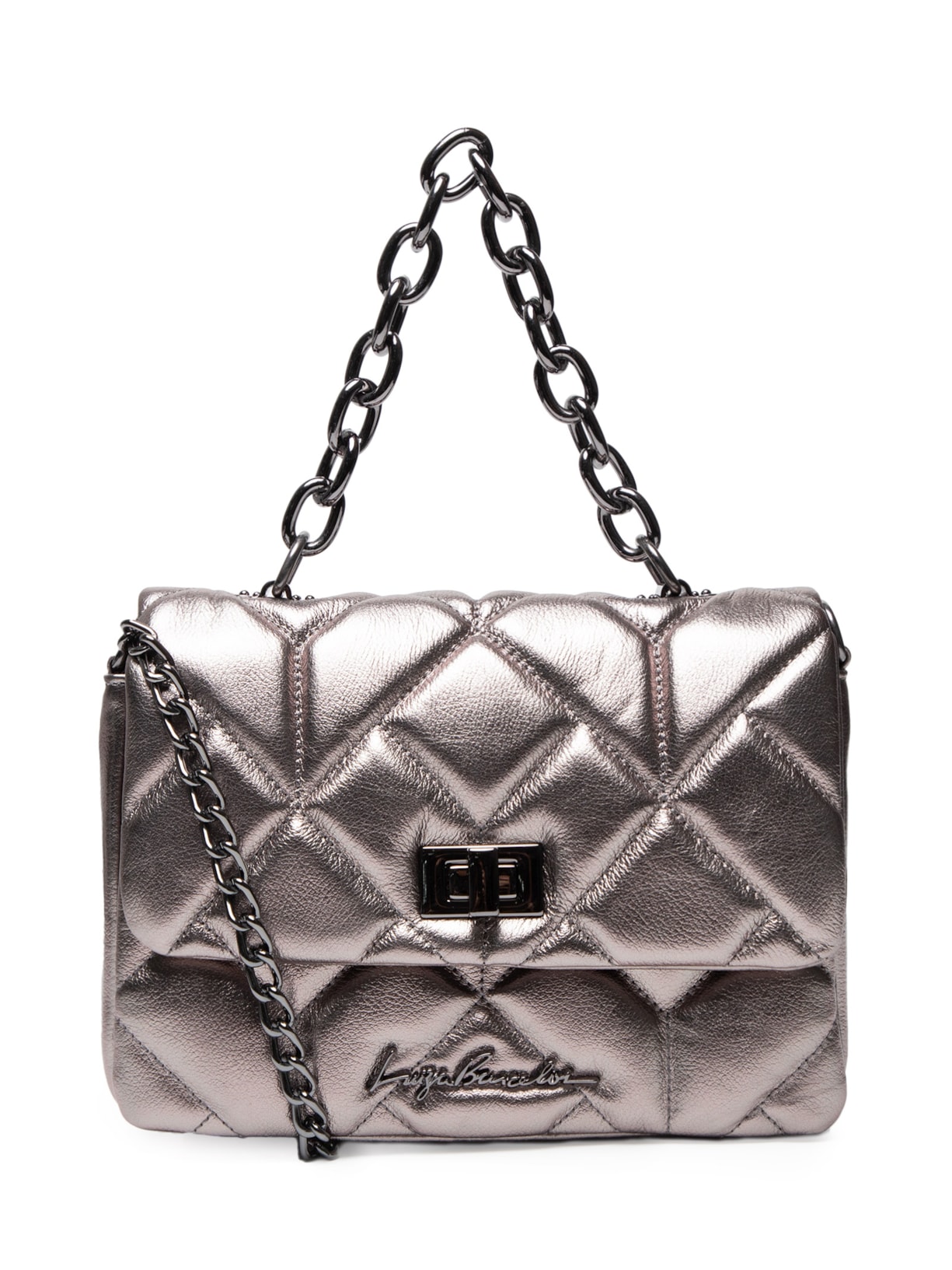 Bolsa Feminina Pequena Alça Corrente Metalizado Titânio - Prata