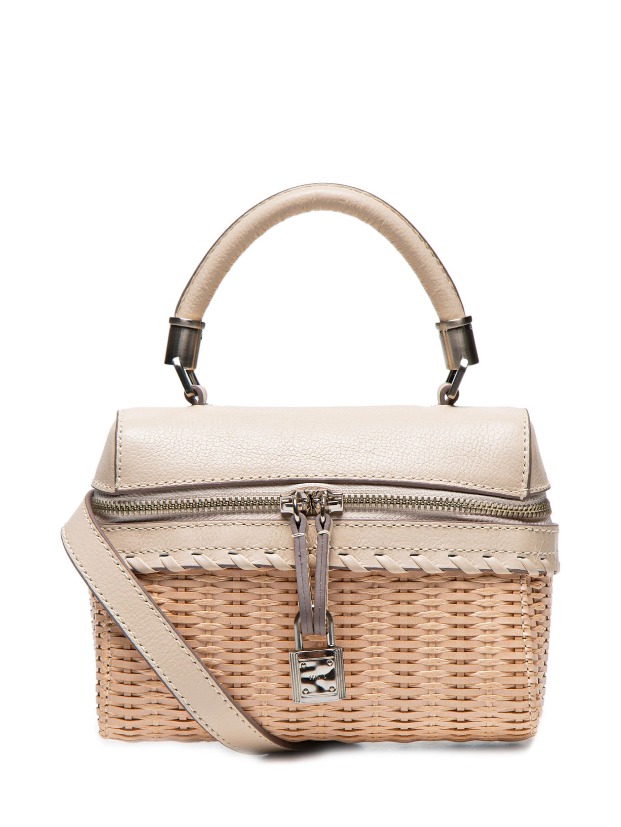 Bolsa Feminina Pequena Couro e Palha - Bege