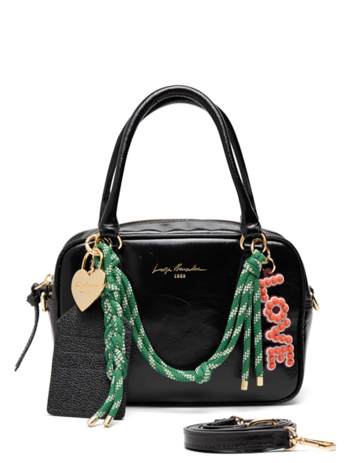 Bolsa Feminina Pequena Em Couro Com Charms - Preto