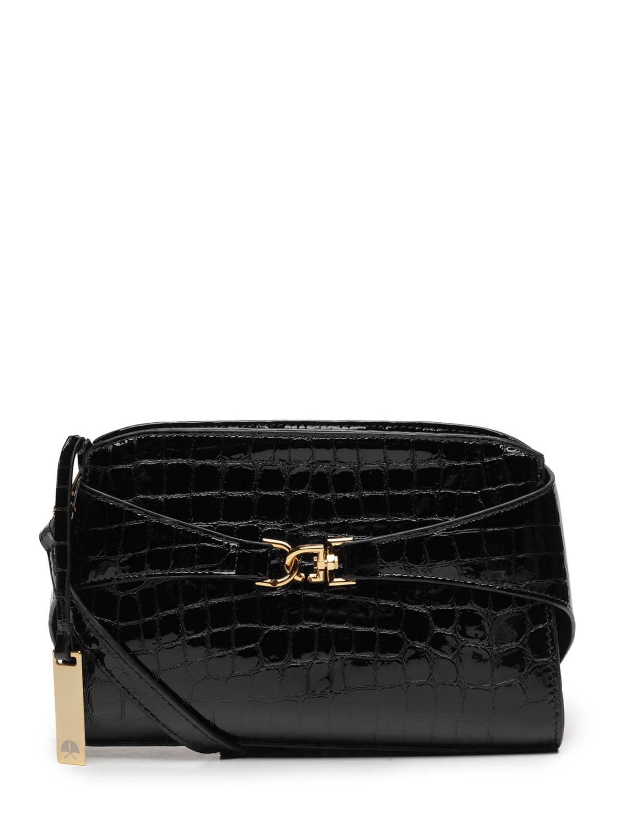 Bolsa Feminina Pequena Em Couro Croco Verniz Preto Luiza Barcelos