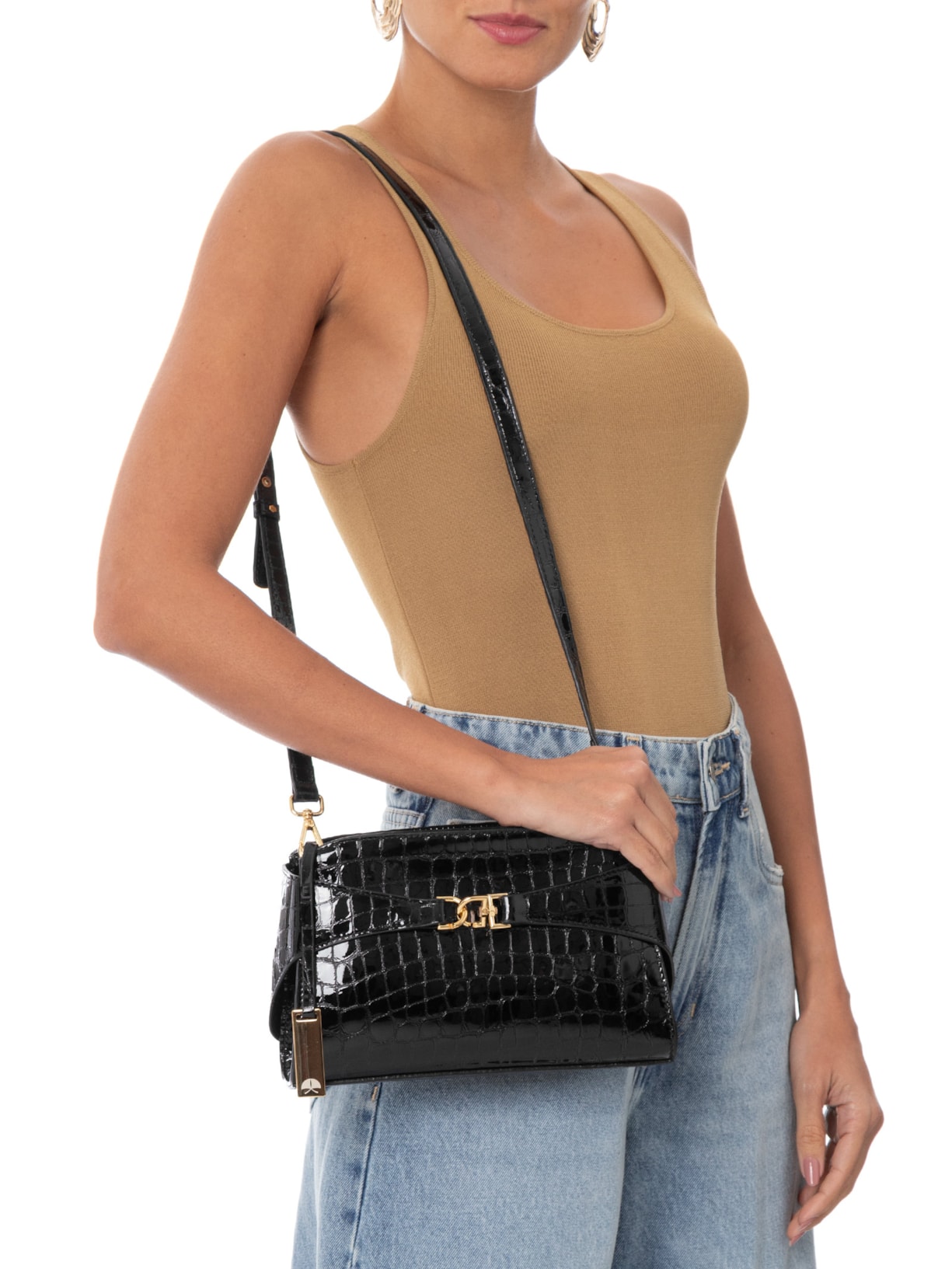 Bolsa Feminina Pequena Em Couro Croco Verniz Preto Luiza Barcelos