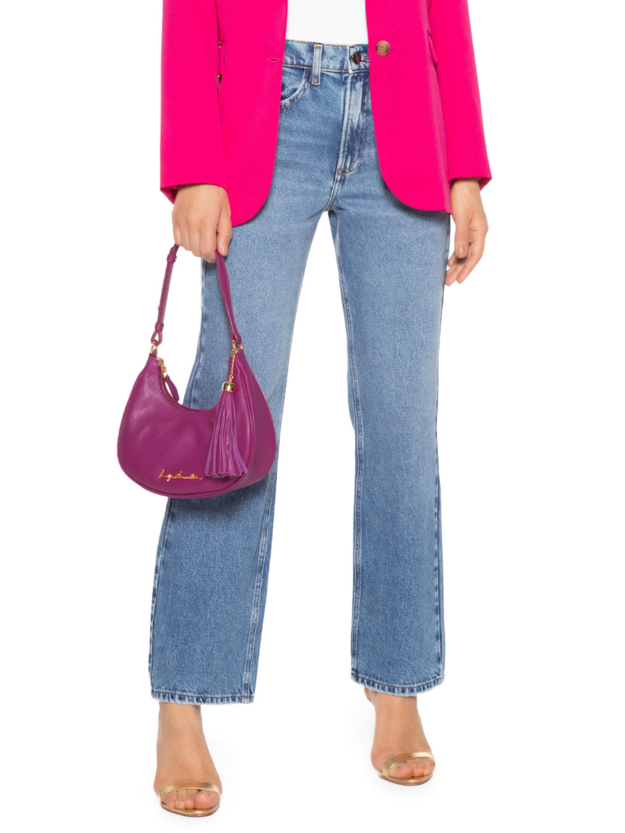 Bolsa Feminina Pequena Meia Lua Couro Rosa Luiza Barcelos