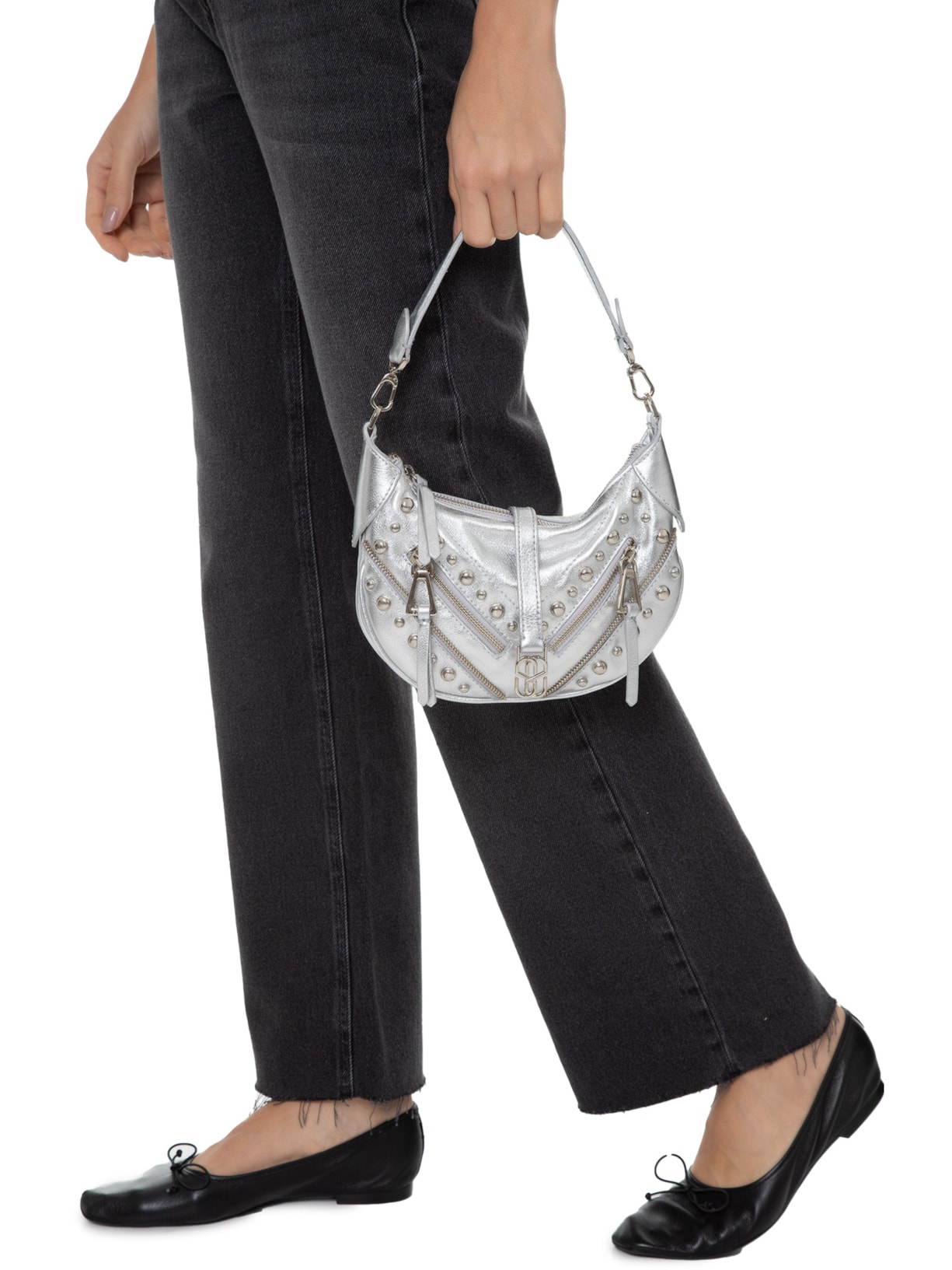 Bolsa Feminina Pequena Tachas Couro Prata Schutz