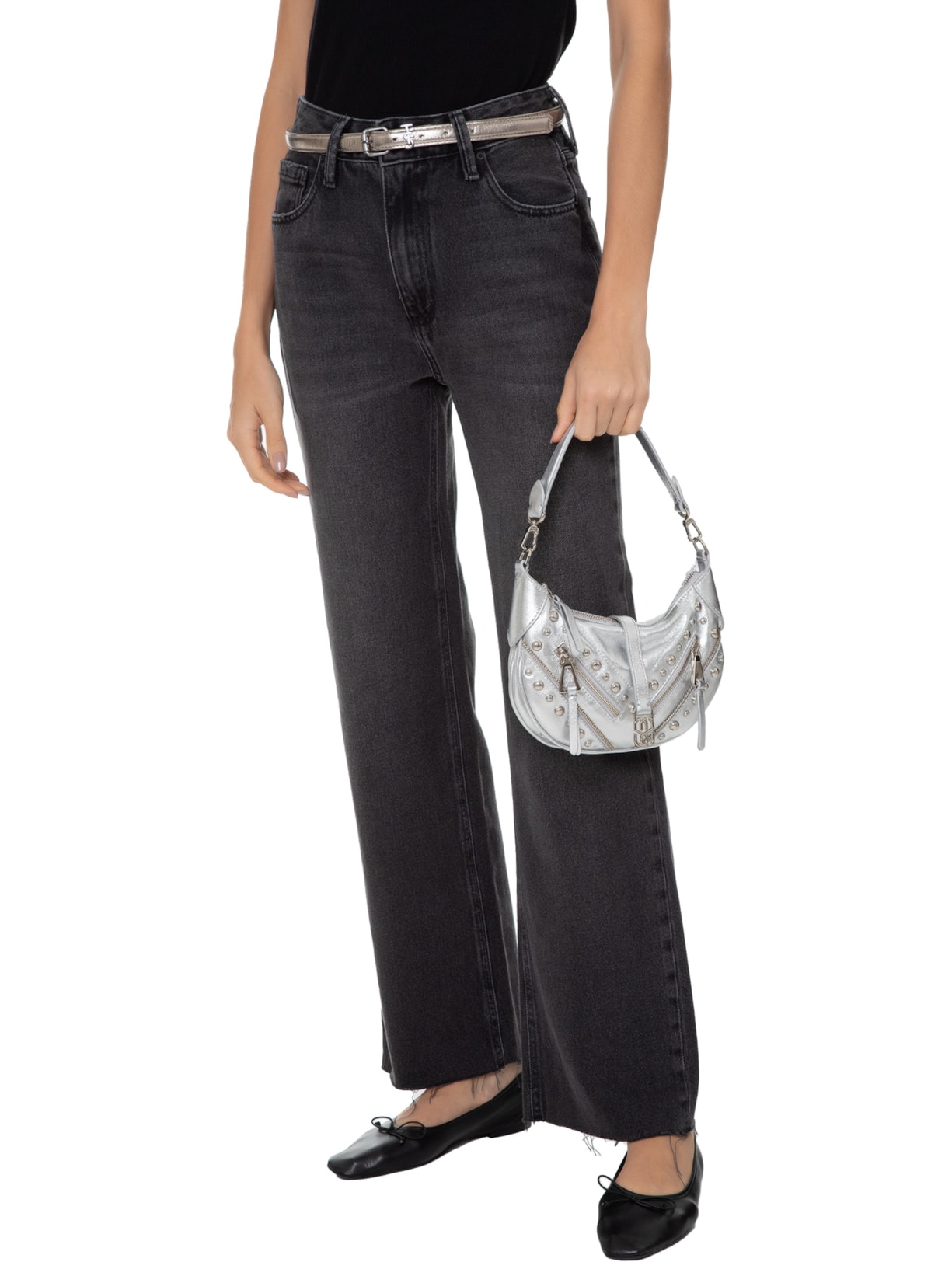 Bolsa Feminina Pequena Tachas Couro Prata Schutz