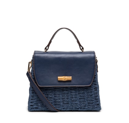 Bolsa Feminina Quadrada Palha Com Detalhes Em Couro Sintético - Azul