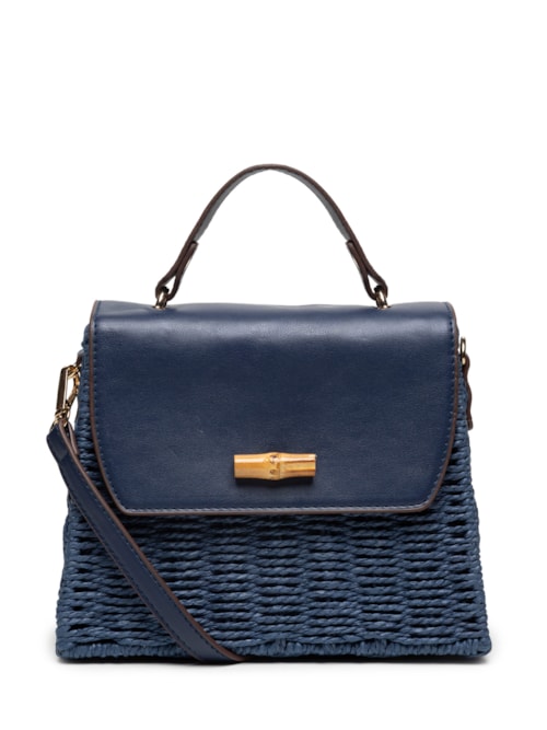 Bolsa Feminina Quadrada Palha Com Detalhes Em Couro Sintético - Azul