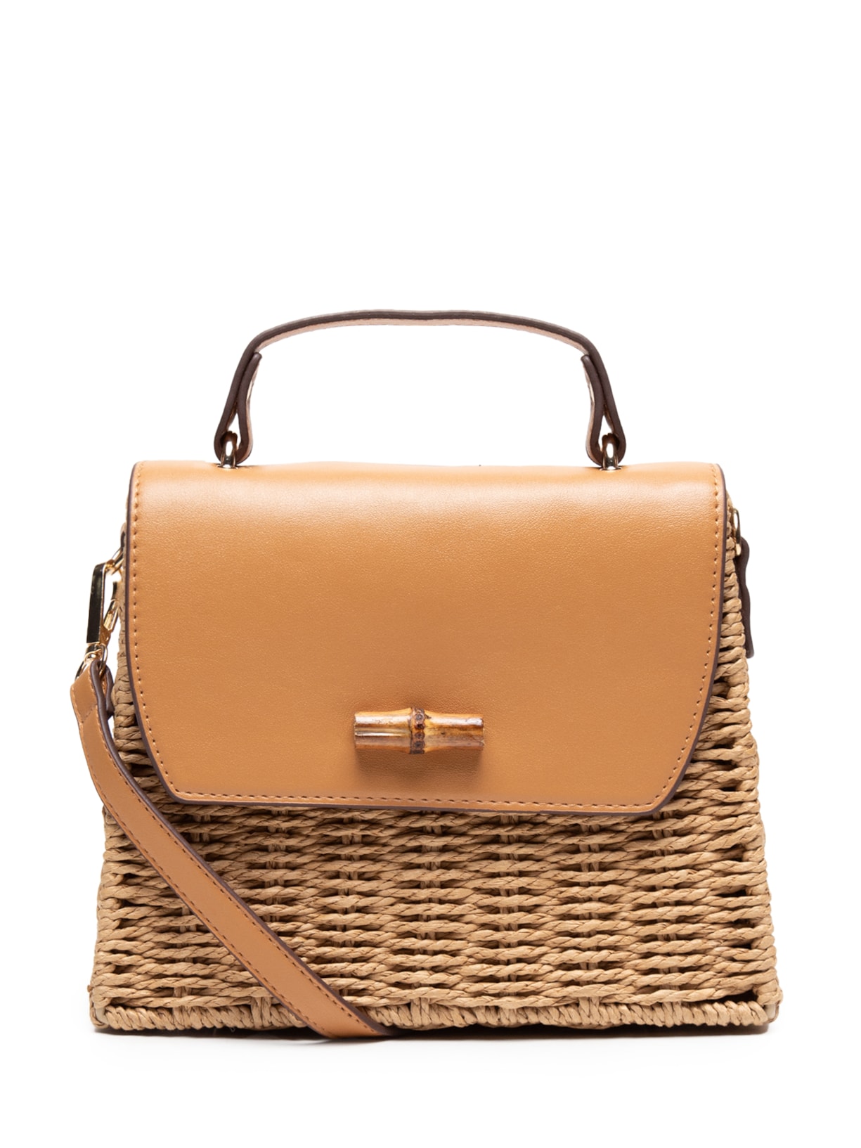 Bolsa Feminina Quadrada Palha Com Detalhes Em Couro Sintético - Marrom