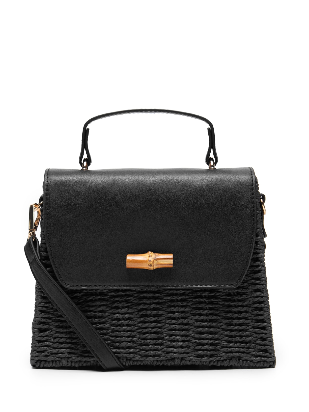 Bolsa Feminina Quadrada Palha Com Detalhes Em Couro Sintético - Preto