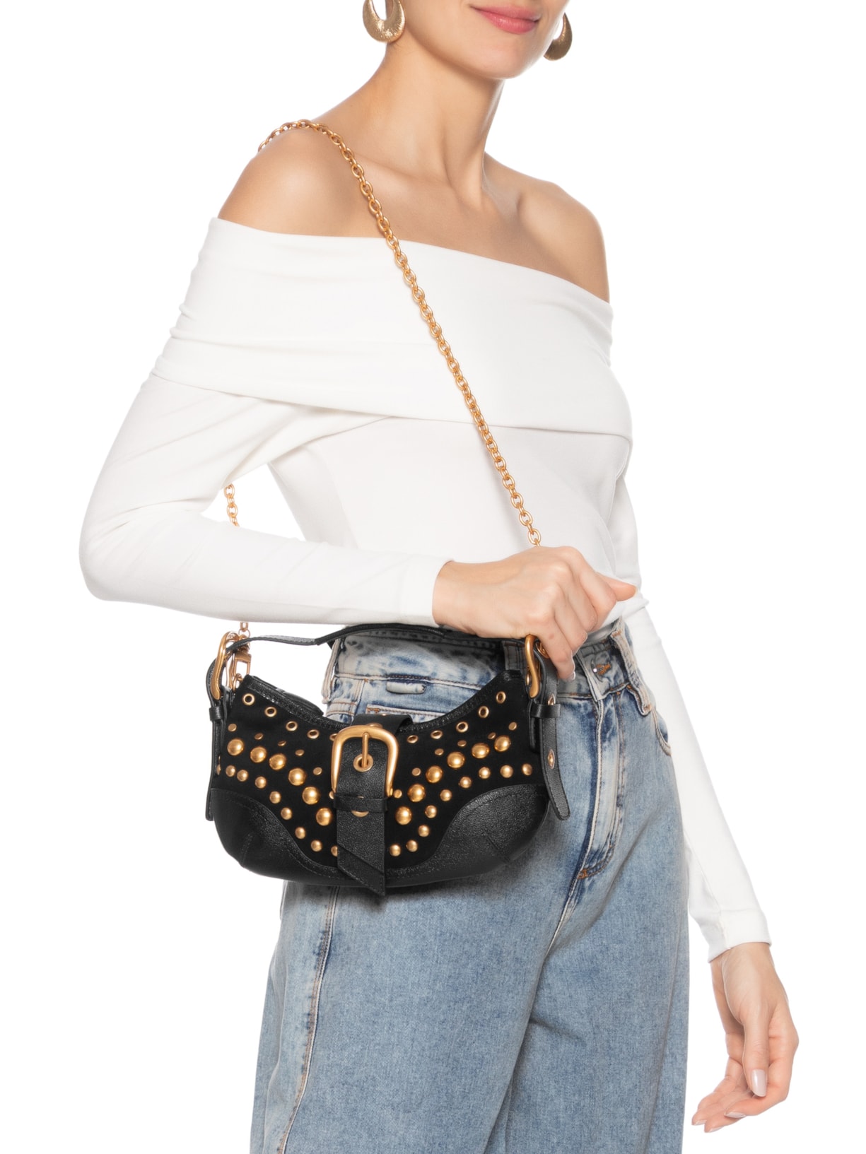 Bolsa Feminina Shoulder Jamie Média Camurça Preto Vicenza