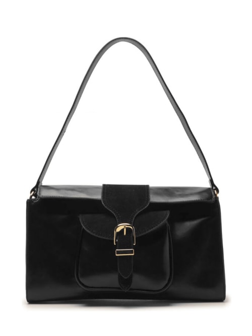 Bolsa Feminina Shoulder Média Bolso Camurça - Preto