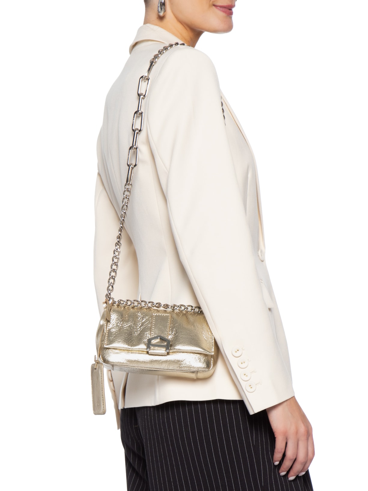 Bolsa Feminina Shoulder Pequena Metalizada Corrente Couro Dourado Arezzo