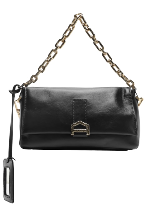 Bolsa Feminina Tiracolo Couro Média Alça Corrente - Preto