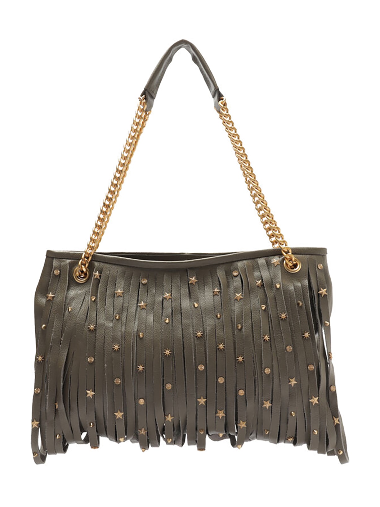 Bolsa Feminina Tiracolo Couro Média Franjas Metais - Cinza