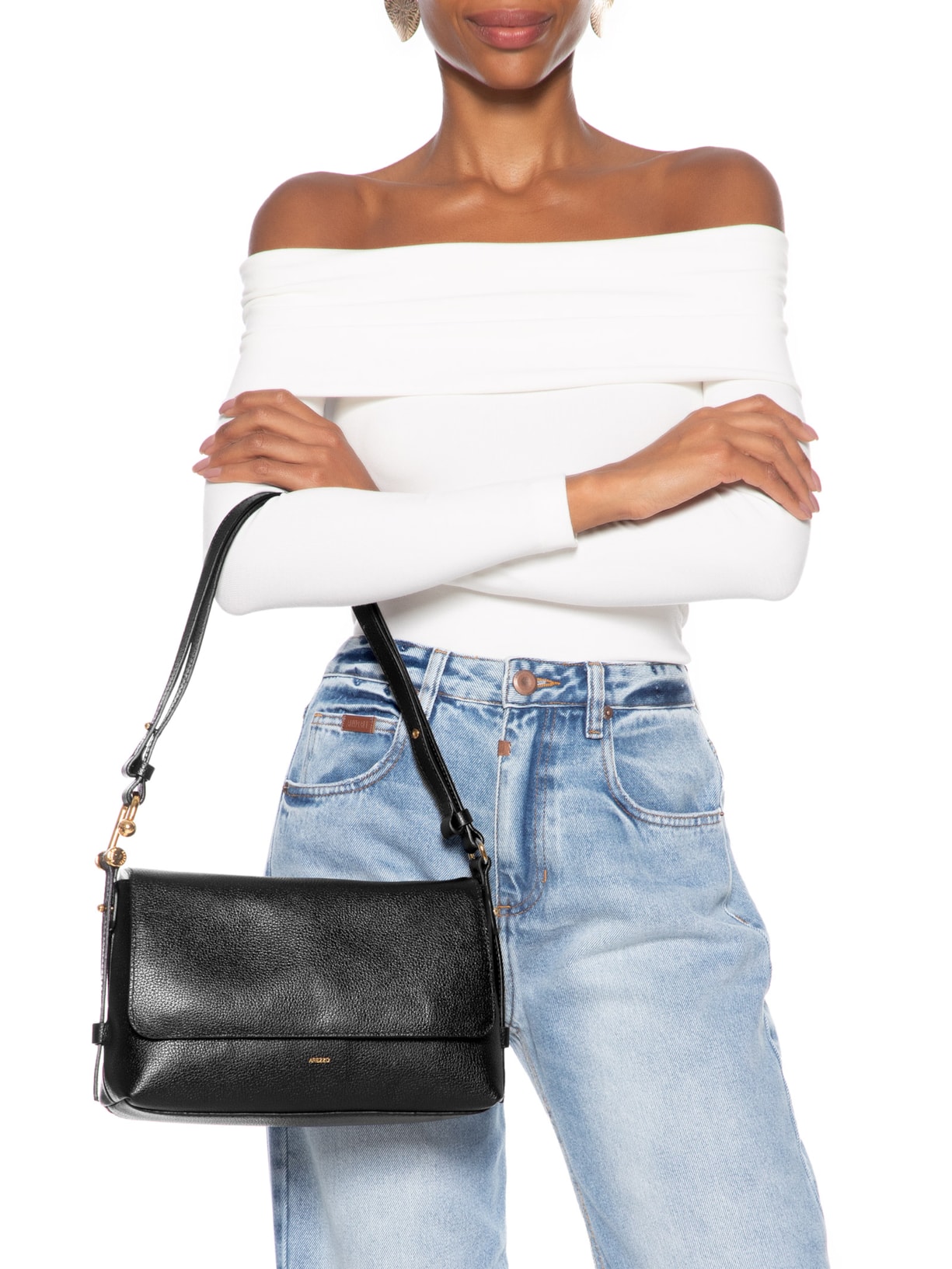 Bolsa Feminina Tiracolo Couro Média Metal Alça Preto Arezzo