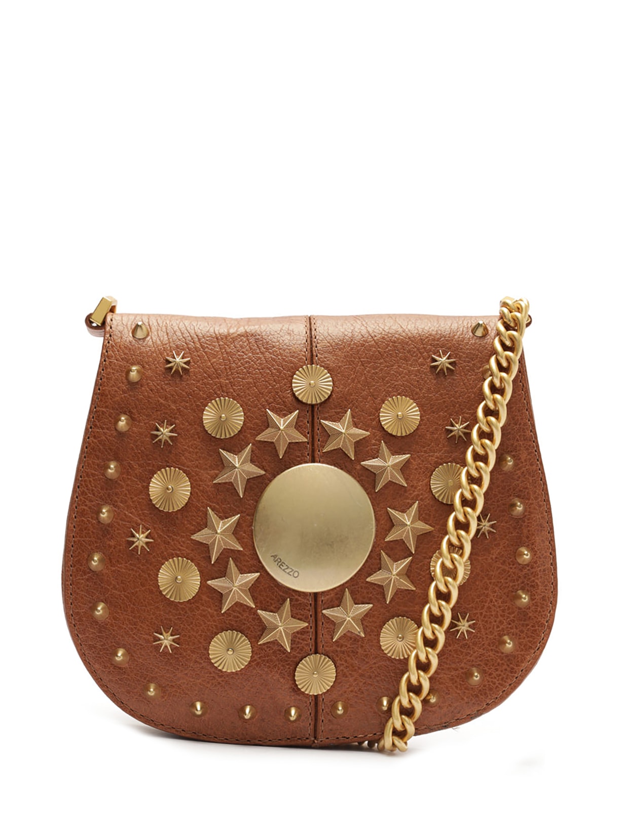 Bolsa Feminina Tiracolo Couro Pequena Metais Folk - Marrom