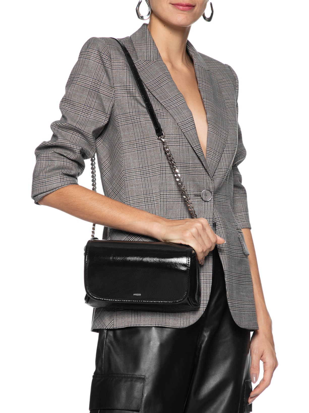 Bolsa Feminina Tiracolo Couro Shine Média Preto Arezzo