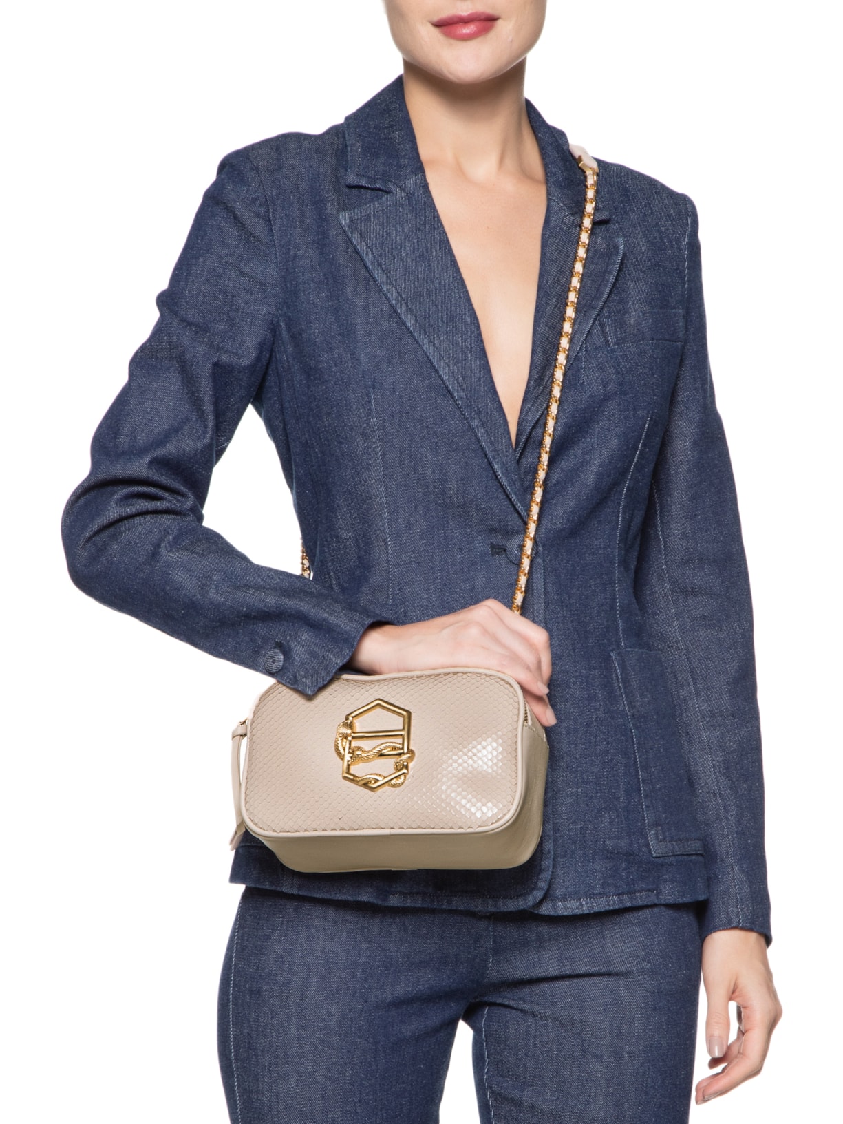 Bolsa Feminina Tiracolo Couro Snake Pequena Zíper Bege Arezzo