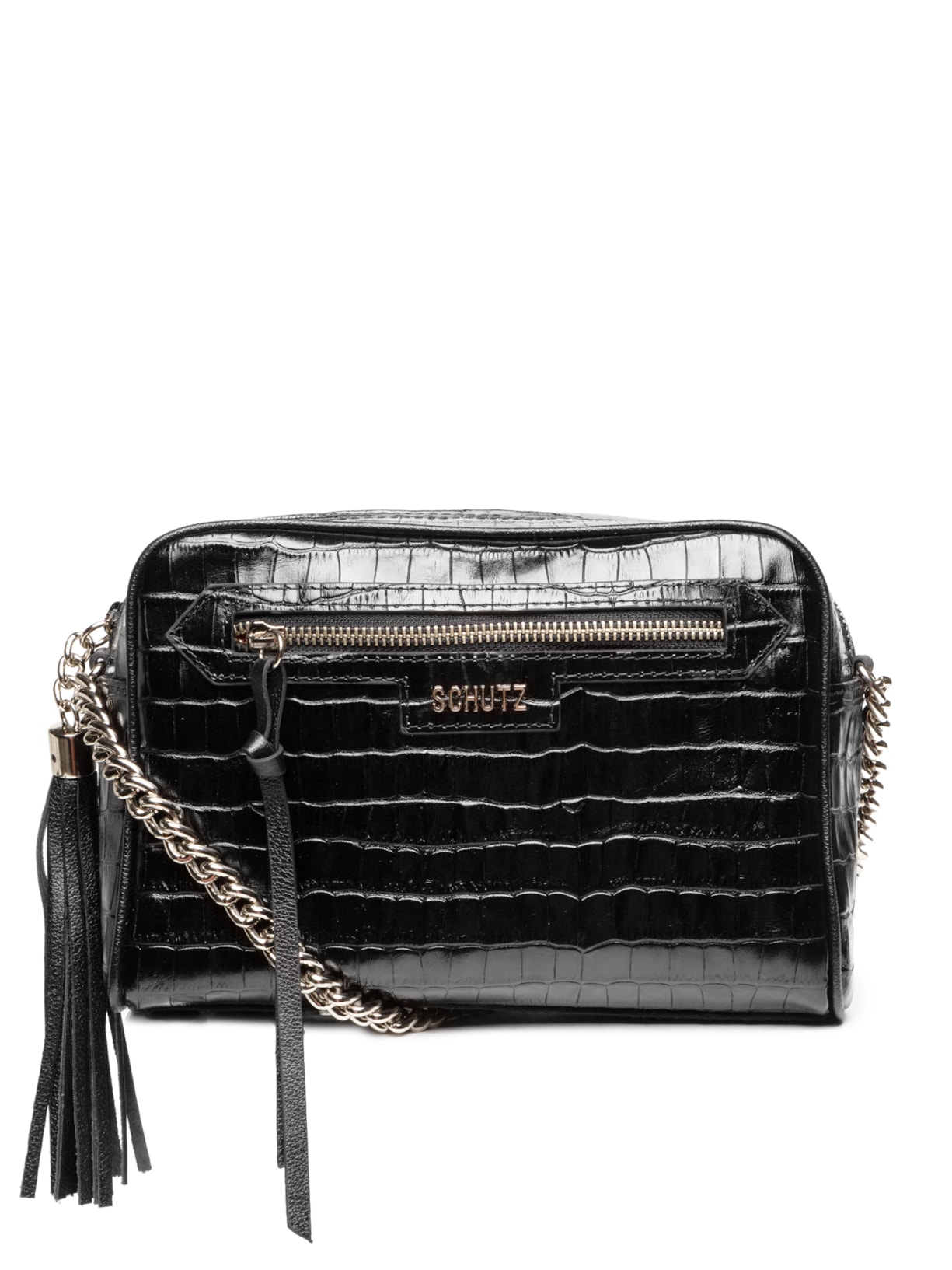 Bolsa Feminina Tiracolo Média Mirella Couro Croco - Preto