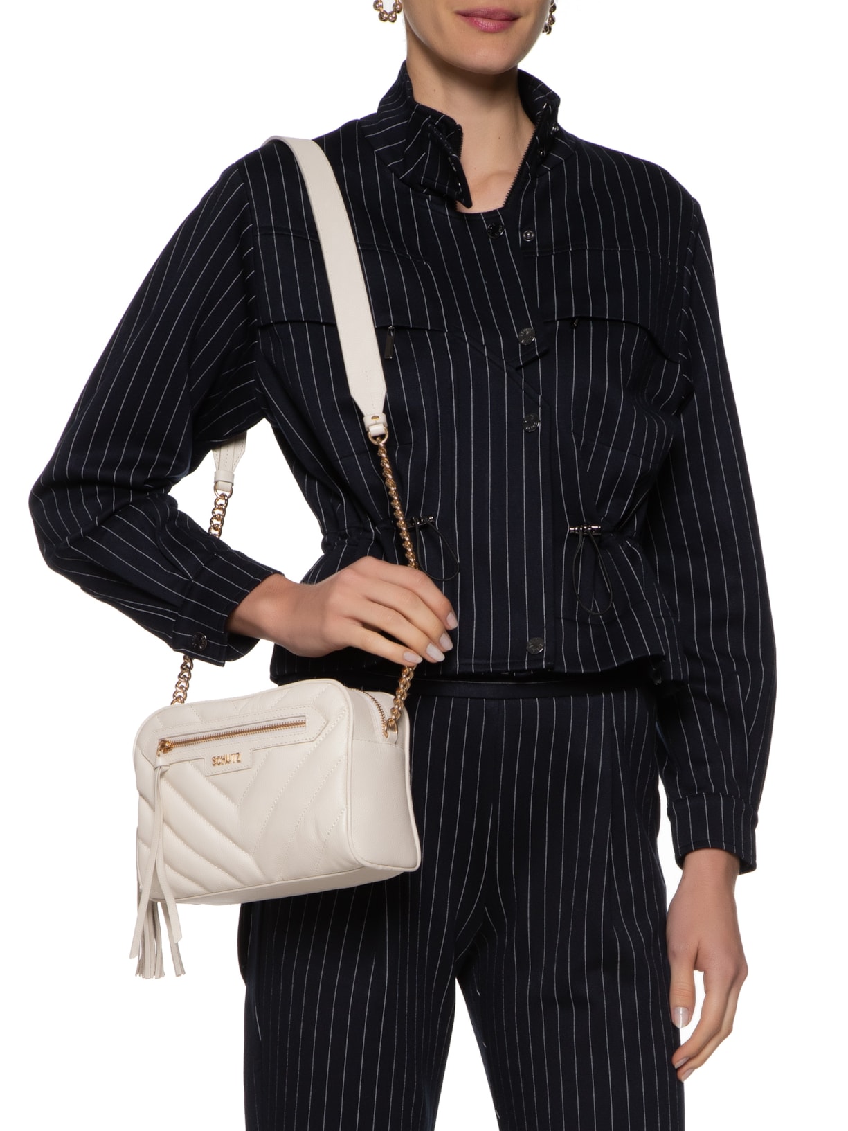 Bolsa Feminina Tiracolo Mini Mirella Chevron Couro Off White Schutz