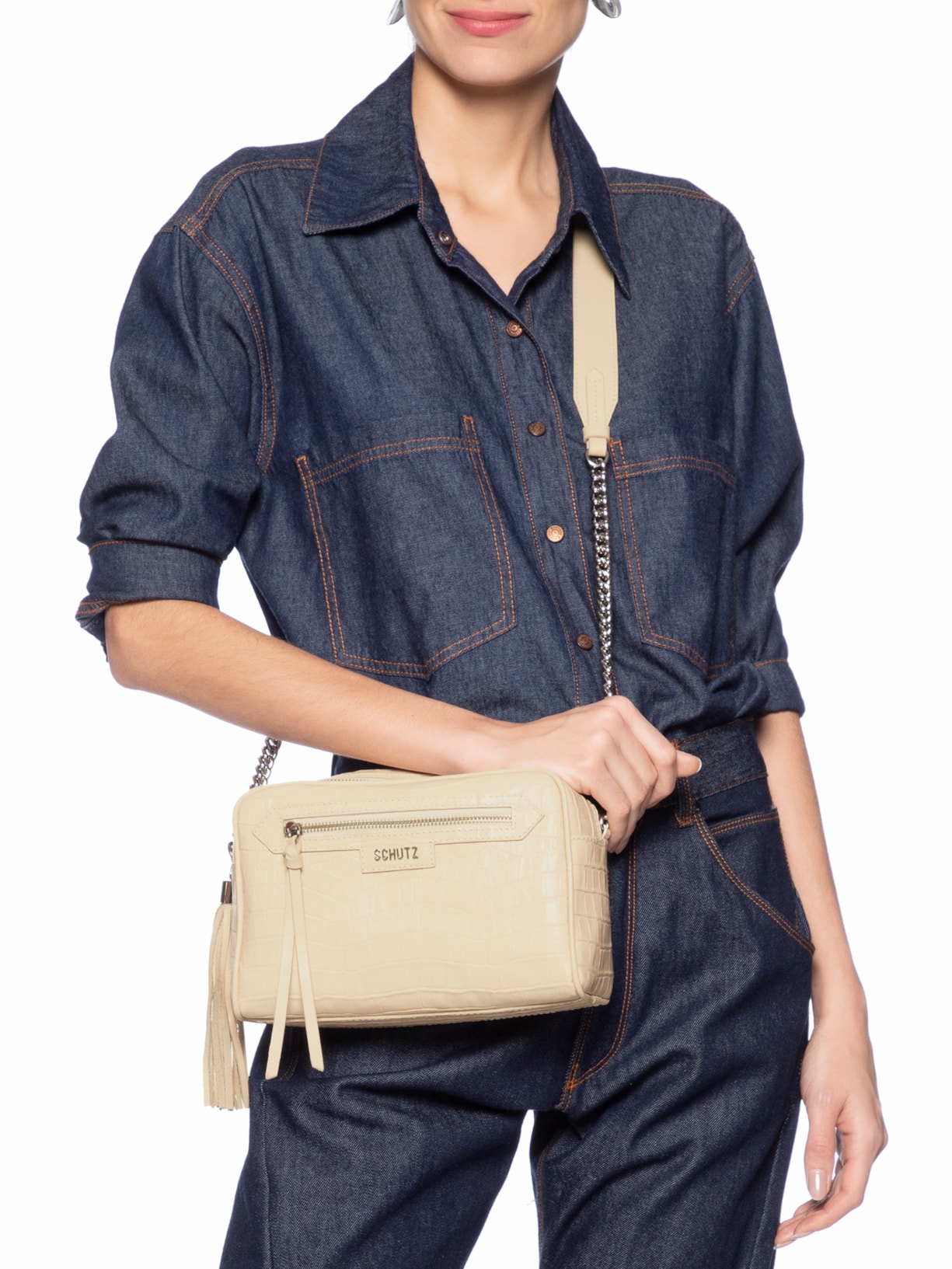 Bolsa Feminina Tiracolo Pequena Mirella Couro Croco Branco Schutz