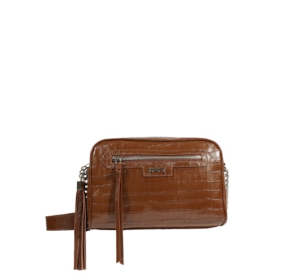 Bolsa Feminina Tiracolo Pequena Mirella Couro Croco - Marrom