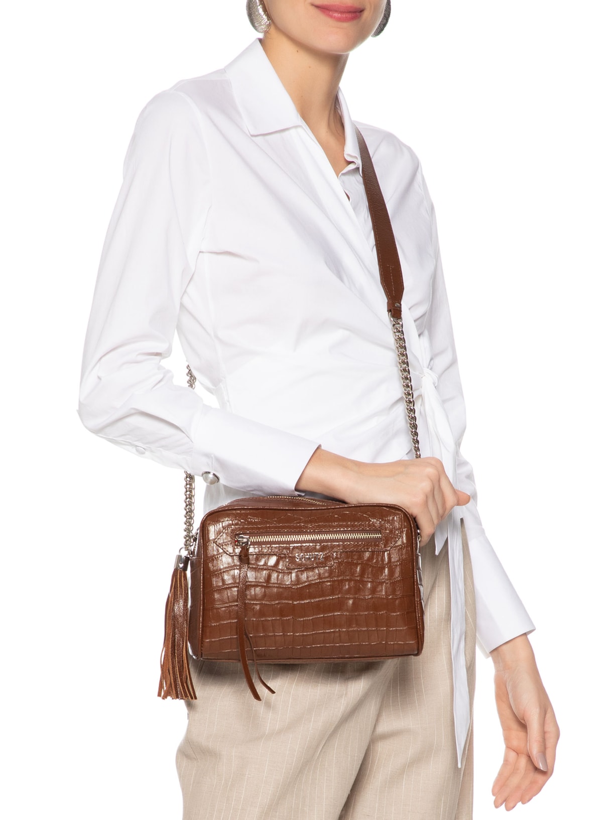 Bolsa Feminina Tiracolo Pequena Mirella Couro Croco Marrom Schutz
