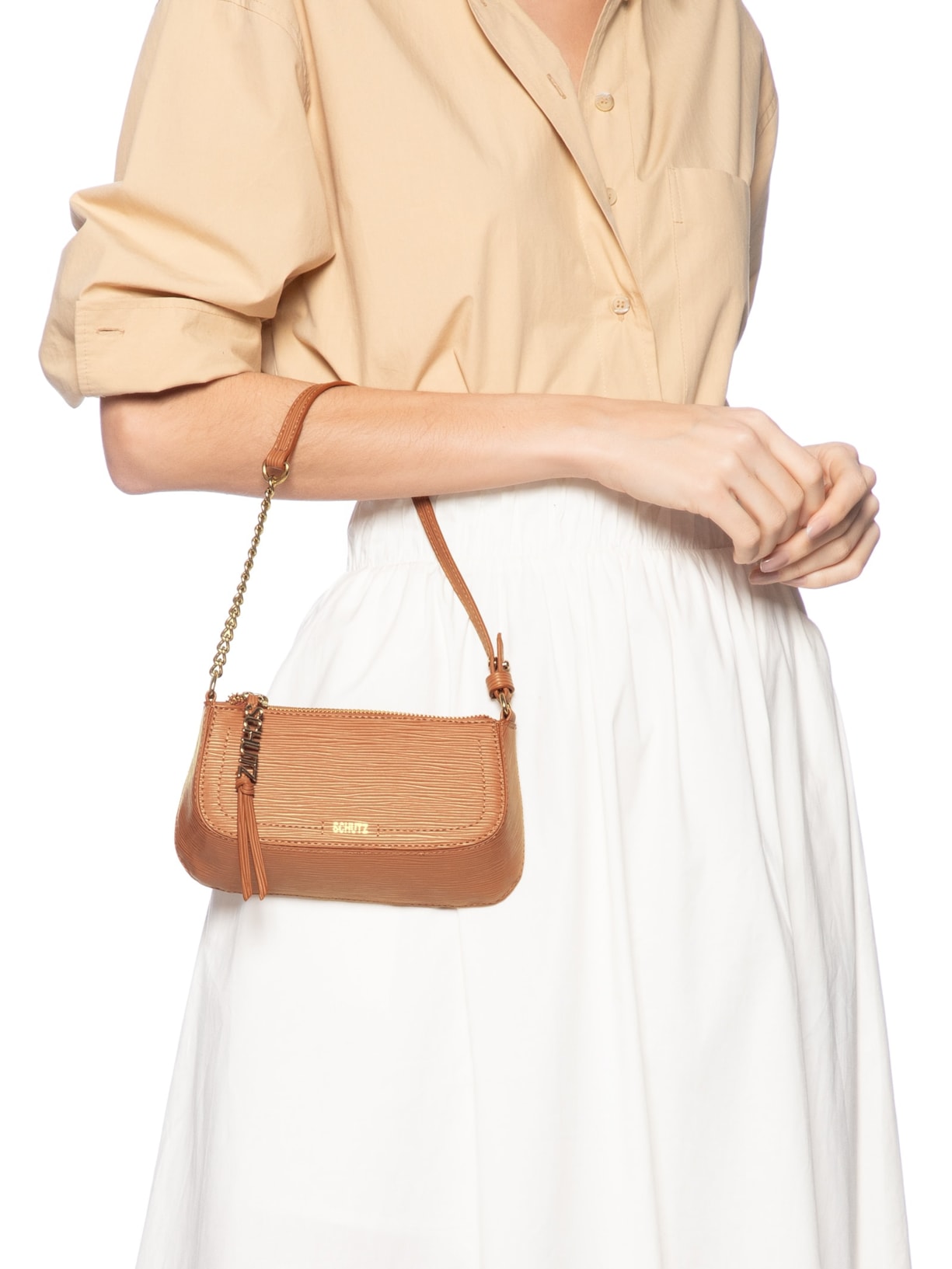Bolsa Feminina Tiracolo Pequena Tina Couro Textura Caramelo Marrom Schutz
